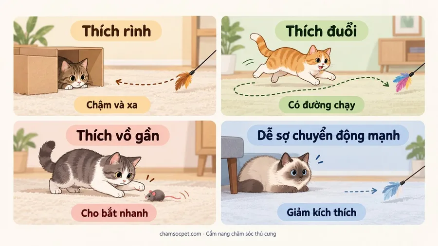 Infographic so sánh bốn kiểu mèo khi chơi gồm thích rình, thích đuổi, thích vồ gần và dễ sợ chuyển động mạnh.