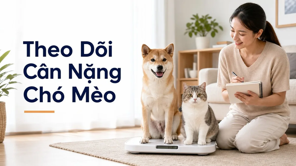 Chủ nuôi theo dõi cân nặng chó mèo trưởng thành bằng cân và ghi chú thể trạng tại nhà.