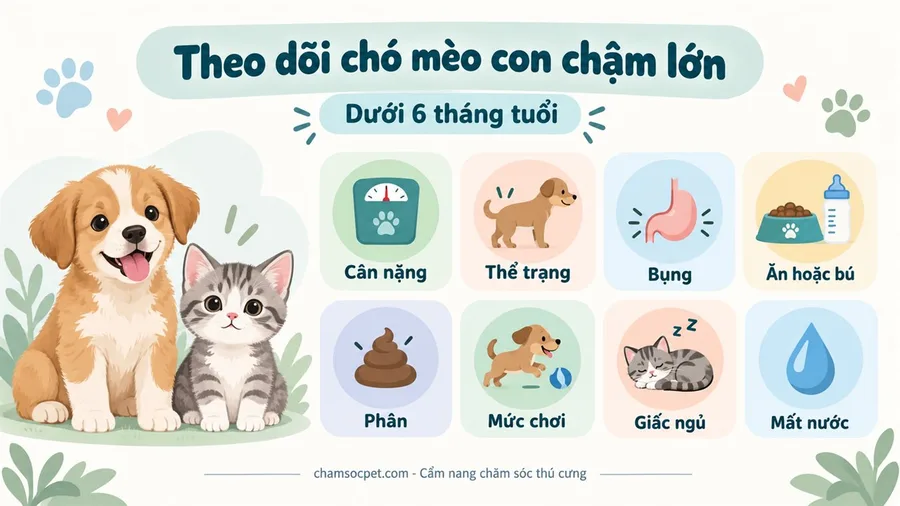 Infographic tiếng Việt liệt kê 8 nhóm dấu hiệu cần theo dõi ở chó mèo con chậm lớn.