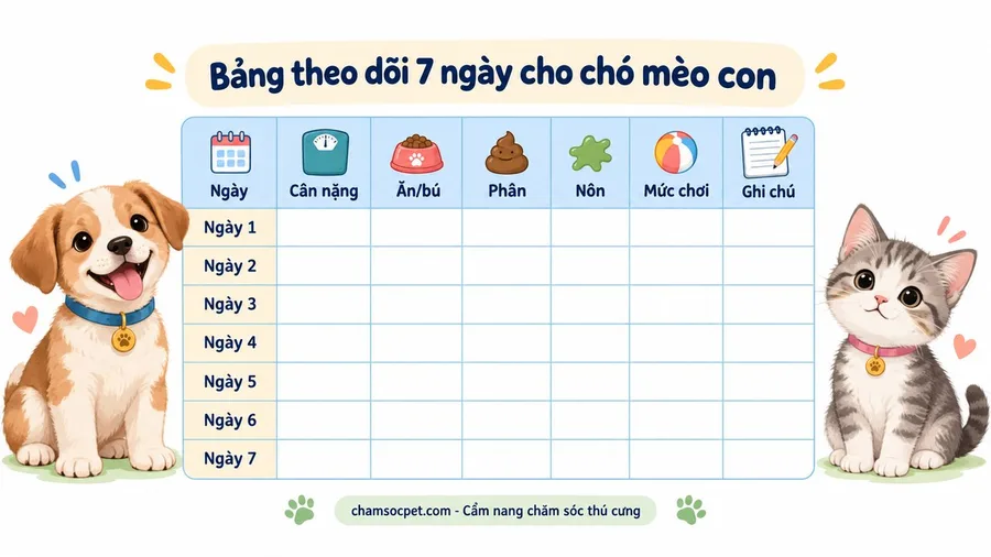 Mẫu bảng theo dõi 7 ngày cho chó mèo con gồm cân nặng, ăn bú, phân, nôn và mức chơi.