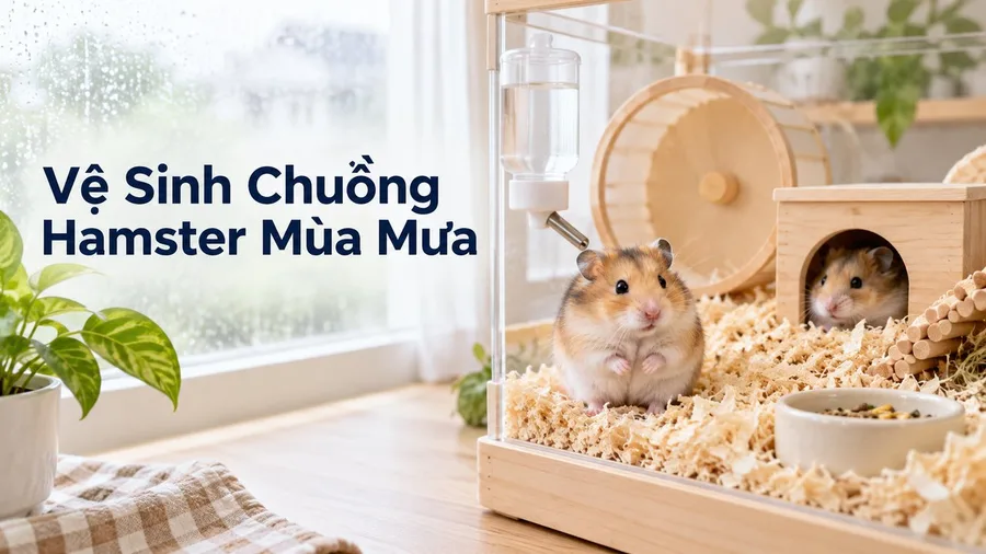Người nuôi vệ sinh chuồng hamster mùa mưa với nền lót khô sạch.