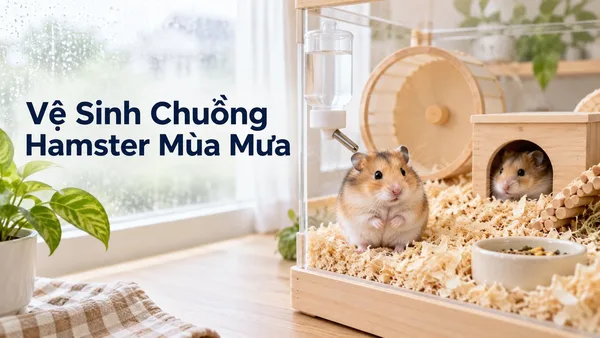 Người nuôi vệ sinh chuồng hamster mùa mưa với nền lót khô sạch.
