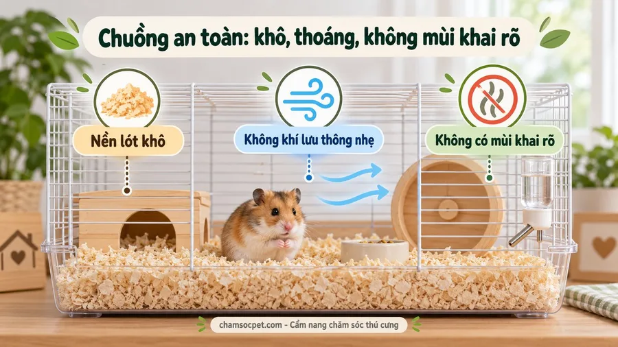 Infographic hamster trong chuồng khô thoáng với nền lót khô, không khí lưu thông nhẹ và không có mùi khai rõ.