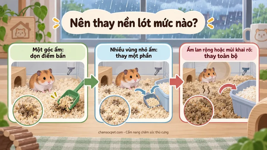 Sơ đồ quyết định thay nền lót chuồng hamster theo mức độ ẩm và mùi khai trong mùa mưa.