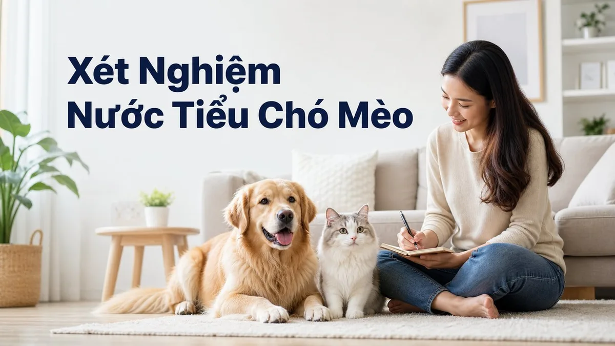Bác sĩ thú y đang kiểm tra xét nghiệm nước tiểu chó mèo trong phòng khám sáng sủa.