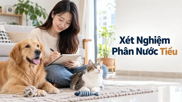 Bác sĩ thú y tư vấn xét nghiệm phân nước tiểu chó mèo cùng chủ nuôi.