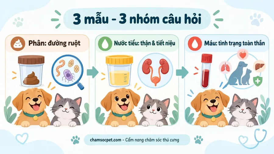 Infographic minh họa ba loại mẫu phân, nước tiểu và máu giúp bác sĩ thú y đánh giá các nhóm vấn đề khác nhau ở chó mèo.