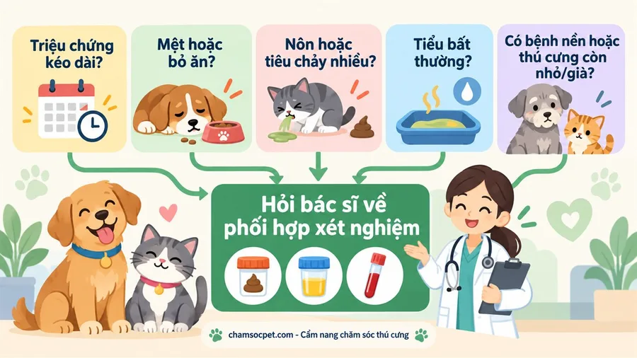 Sơ đồ quyết định bằng tiếng Việt về các dấu hiệu khiến chó mèo có thể cần phối hợp xét nghiệm phân, nước tiểu và máu.